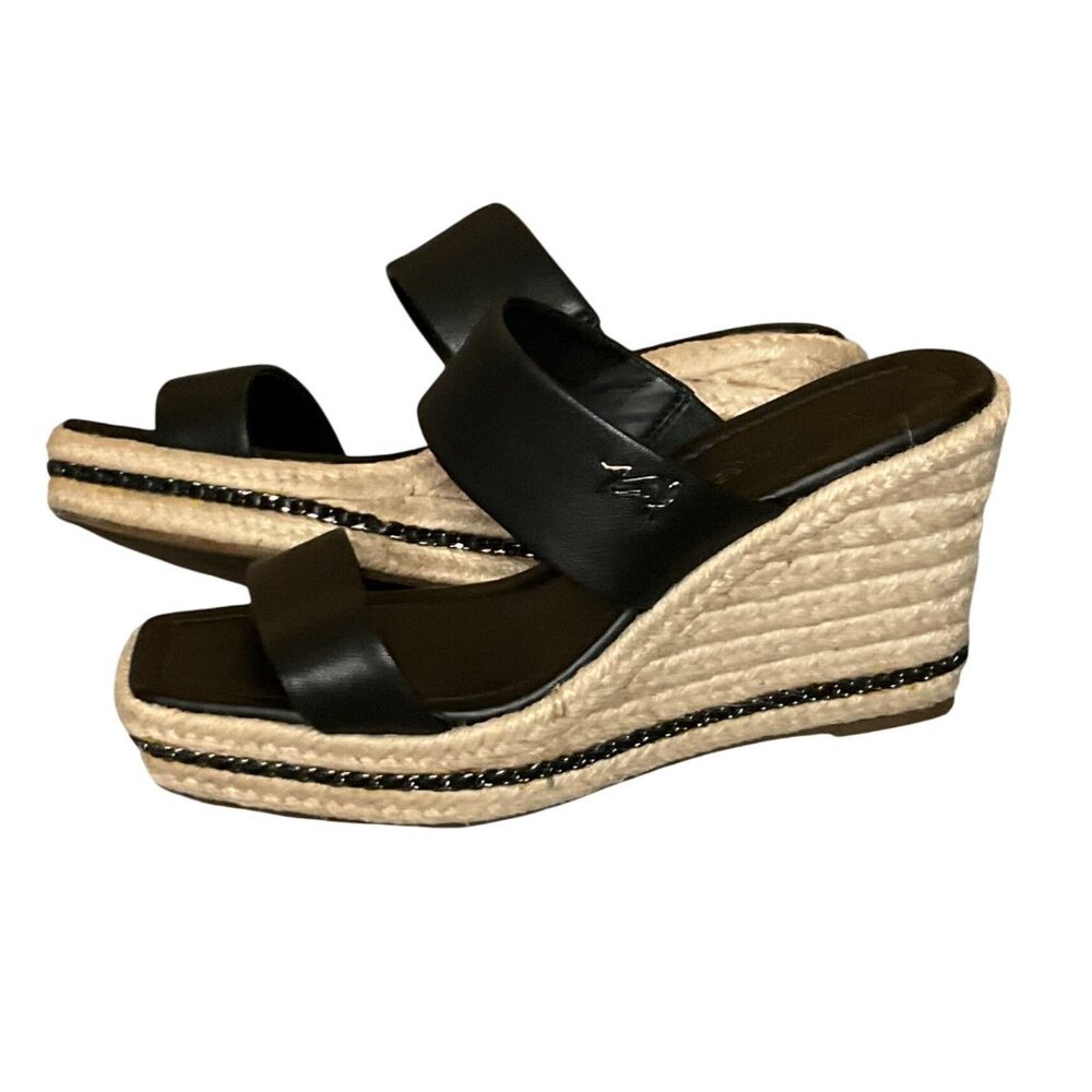 Karl Lagerfeld Black Leather Espadrille Wedge Sandals With Braided Jute Soles 8